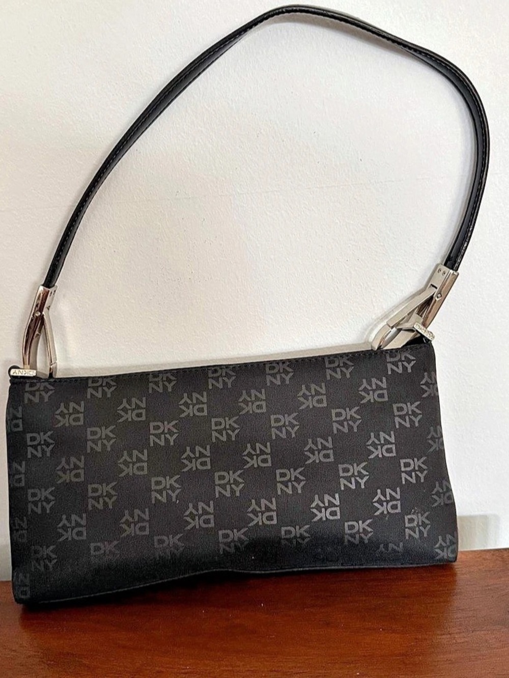 Y2K Vintage DKNY Black Monogram Logo Print Baguette Shoulder Bag Silver Hardware